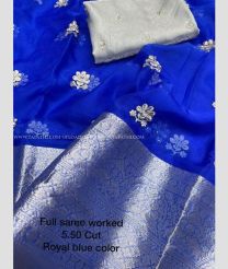 Blue and Cream color Organza sarees with all over flower jari buties design -ORGS0003260