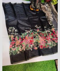 Black and Grey color linen sarees with all over flower printed design -LINS0003351
