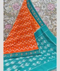 Dark Orange and Teal color pochampally Ikkat cotton handloom saree with printed design saree -PIKT0000304