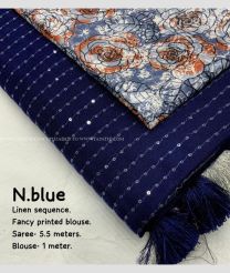Navy Blue and Grey color linen sarees with all over self woven checks and golden pattu border design -LINS0003669
