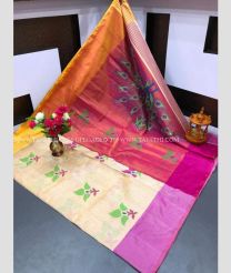 Cream and Magenta color Uppada Tissue handloom saree with all over printed buties design -UPPI0001434