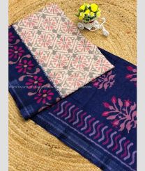 Navy Blue and Cream color linen sarees with all over ikkat digital printed with silver jari weaving border design -LINS0003341