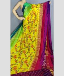 Yellow Pink and Light Green color pochampally ikkat pure silk handloom saree with digital printed sarees design -PIKP0006241