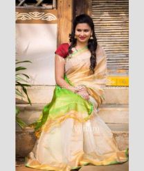 Cream and Parrot Green color Uppada Tissue handloom saree with plain with big border design -UPPI0001770