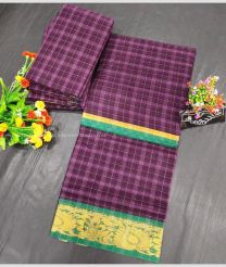Plum Purple and Green color Uppada Cotton handloom saree with all over checks with special kanchi border design -UPAT0004492