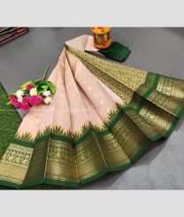 Baby Pink and Pine Green color Chenderi silk handloom saree with all over buties with temple and kanchi border design -CNDP0012878