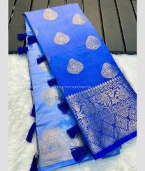 Blue color Banarasi sarees with all over gold jari woven design -BANS0011488