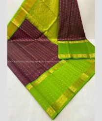 Chocolate and Parrot Green color kuppadam pattu handloom saree with all over jari checks and buties with kuppadam kanchi border design -KUPP0097091