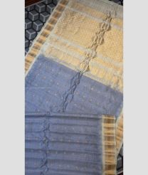 Bluish Grey and Cream color gadwal pattu handloom saree with all over checks and buties with temple kothakomma kuthu interlock border design -GDWP0001727