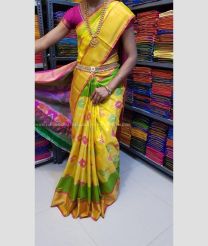Yellow and Parrot Green color uppada pattu handloom saree with all over pochampally design -UPDP0021211