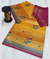 Mustard Yellow and Magenta color Uppada Cotton handloom saree with all over printed design -UPAT0004530