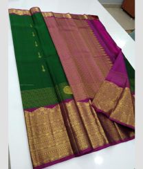 Dark Green and Magenta color kanchi pattu handloom saree with big border design -KANP0013735