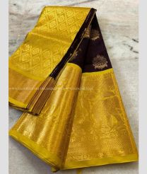 Yellow and Chocolate color mangalagiri pattu handloom saree with kuppadam border design -MAGP0026543