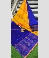 Navy Blue and Mango Yellow color Tripura Silk handloom saree with all over nakshtra buties with big pochampally border design -TRPP0007980