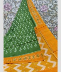 Pine Green and Mustard Yellow color pochampally Ikkat cotton handloom saree with printed design saree -PIKT0000290