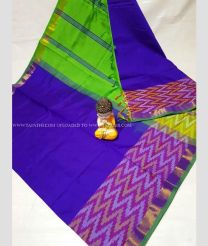 Purple Blue and Parrot Green color Tripura Silk handloom saree with plain with big pochampally ikkat border design -TRPP0008514