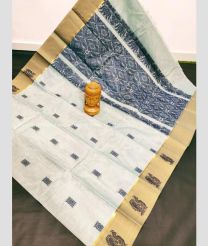 Cream and Navy Blue color Uppada Cotton handloom saree with all over butie saree design -UPAT0002945