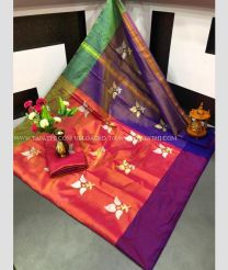 Red and Navy Blue color Uppada Tissue handloom saree with all over printed buties design -UPPI0001436