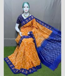 Orange and Blue color pochampally Ikkat cotton handloom saree with all over pochampally ikkat design -PIKT0000523