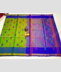 Parrot Green and Blue color Uppada Tissue handloom saree with all over tissue nakshthra buties design -UPPI0001422