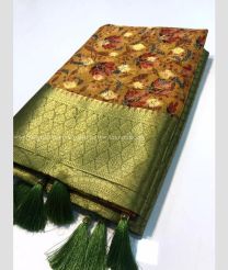 Brown and Pine Green color Kora handloom saree with all over 3d digital print design -KORS0000060