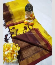 Yellow and Chocolate color Tripura Silk handloom saree with all over buties design -TRPP0007974