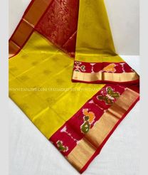 Mustard Yellow and Deep Pink color kuppadam pattu handloom saree with all over buties with pochampally and jari kaddi border design -KUPP0071305
