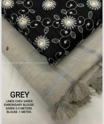 black and grey color linen sarees with allover checks saree design -LINS0002061