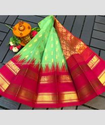 Aquamarine and Deep Pink color Chenderi silk handloom saree with all over buties with temple kuppadam border design -CNDP0016105