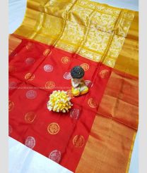 Orange and Lemon Yellow color uppada pattu handloom saree with all over buties and checks with kaddi border design -UPDP0021191