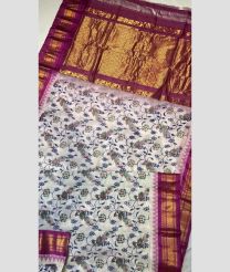 Half White and Magenta color gadwal cotton handloom saree with all over kalamkari printed design -GAWT0000304