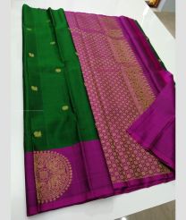 Green and Magenta color kanchi pattu handloom saree with all over buties design -KANP0013720