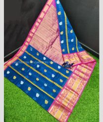 Blue and Rose Pink color Kollam Pattu handloom saree with all over laksha buties with kanchi border design -KOLP0001466