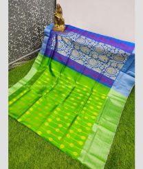Parrot Green and Blue color Uppada Soft Silk handloom saree with all over buties design -UPSF0004142
