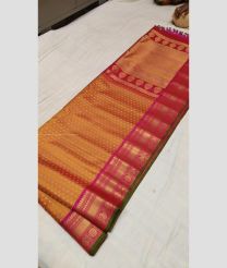 Orange and Burgundy color gadwal pattu handloom saree with temple and kuthu border design -GDWP0001752
