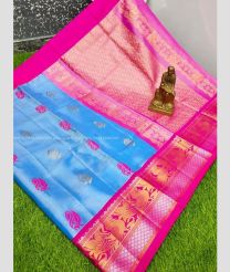 Sky Blue and Pink color mangalagiri pattu handloom saree with all over big buties with peacock border design -MAGP0026446