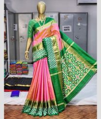 Peach and Green color pochampally ikkat pure silk handloom saree with all over pochamally design saree -PIKP0016997