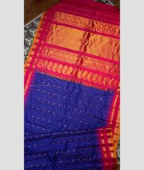 Navy Blue and Pink color gadwal pattu handloom saree with all over checks and buties with temple kothakomma kuthu interlock border design -GDWP0001728