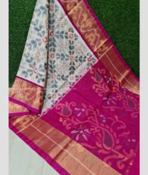 Half White and Pink color pochampally Ikkat cotton handloom saree with all over pochamally design -PIKT0000096