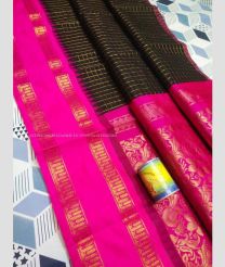 Black and Pink color Chenderi silk handloom saree with all over mothi checks with temple border design -CNDP0016054