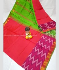 Tomato Red and Parrot Green color Tripura Silk handloom saree with plain with big pochampally ikkat border design -TRPP0008515