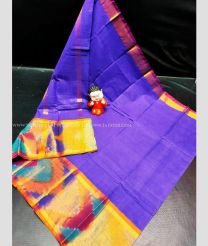 Purple Blue and Mustard Yellow color Uppada Cotton handloom saree with pain with pochampally border design -UPAT0004249