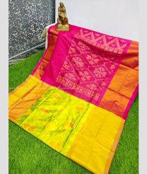 Acid Green and Pink color Uppada Soft Silk handloom saree with all over pochampally with big border design -UPSF0003375