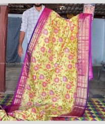 Lemon Yellow and Magenta color pochampally ikkat pure silk handloom saree with all over digital floral printed design -PIKP0022163