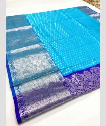 Sky Blue and Royal BLue color venkatagiri pattu handloom saree with all over flower butties design -VAGP0000385