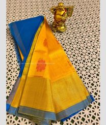 Blue and Mango Yellow color Kollam Pattu handloom saree with all over zari and thread buties design -KOLP0000903