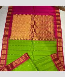 Parrot Green and Pink color gadwal pattu handloom saree with all over buties with temple kuthu interlock woven border design -GDWP0001705