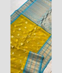 Mustard Yellow and Aqua Blue color gadwal pattu handloom saree with kanchi border saree design -GDWP0000531