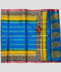 Blue and Yellow color Uppada Cotton handloom saree with all over printed design -UPAT0004318