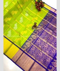 Emerald Green and Blue color Kollam Pattu handloom saree with all over checks with peacock buties design -KOLP0000803